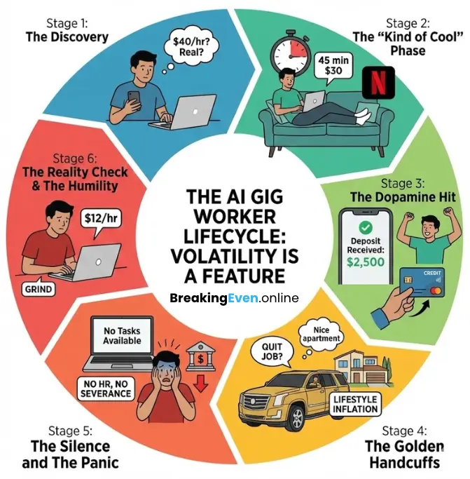 AI gig work lifecycle diagram — the journey from first payout to empty queue across Outlier, DataAnnotation, and Alignerr